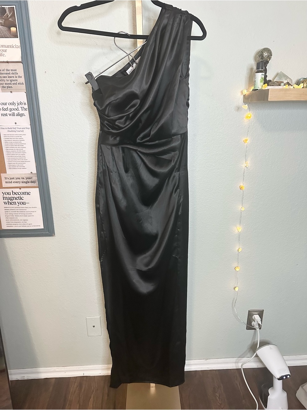 Petal & Pup | One-Shoulder Black Satin Gown
